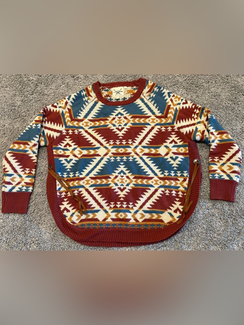 Cotton and Rye Outfitters Aztec Knit Sweater - Rust, Teal & Cream